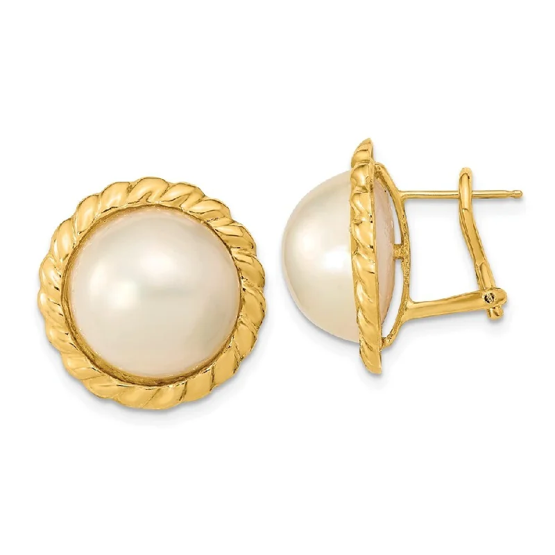 14k Yellow Gold White Mabe Freshwater Cultured Pearl Omega Back Earrings (L-13 mm, W-14 mm)