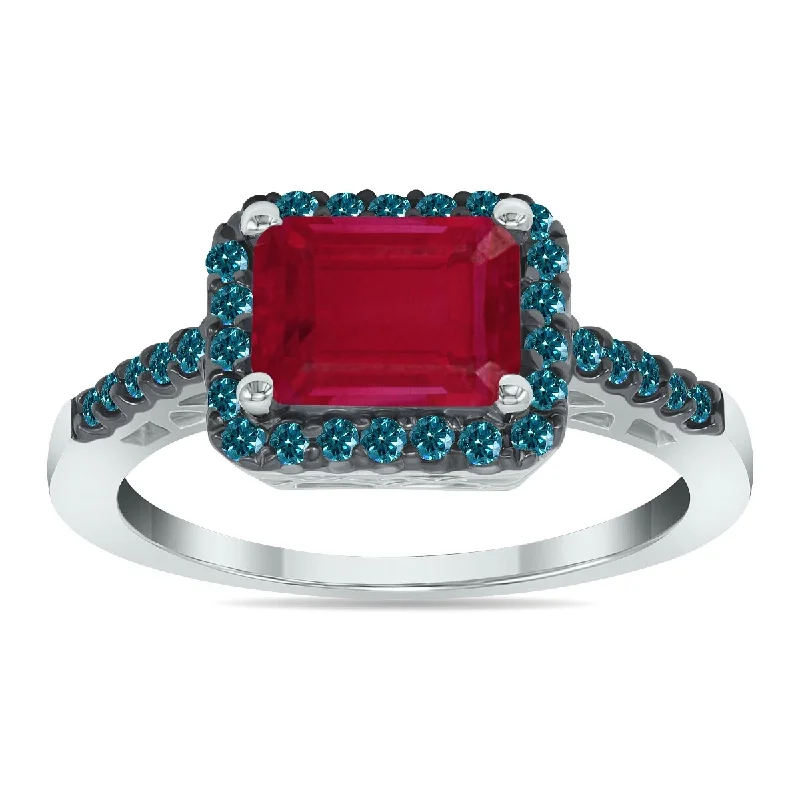 Marquee Jewels 2 1/2 Carat Emerald Cut Ruby and 1/3 CTW Blue Diamond Ring in 10K White Gold