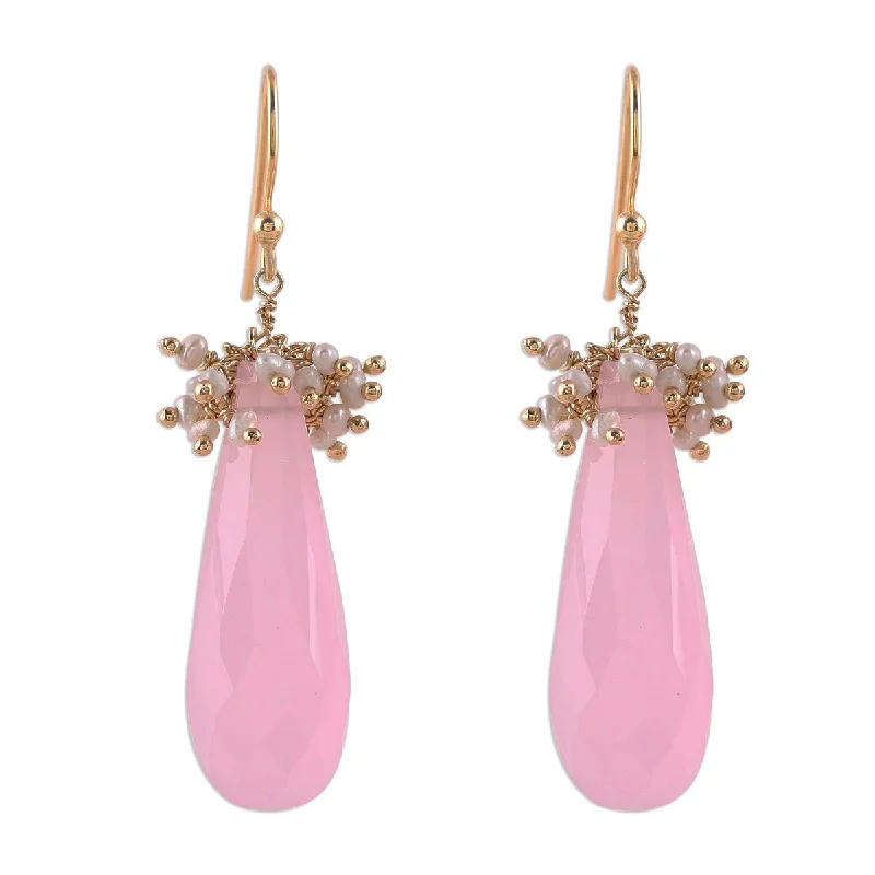 NOVICA Devoted Rose, Gold plated rose quartz and cultured pearl dangle earrings - 1.9*0.4