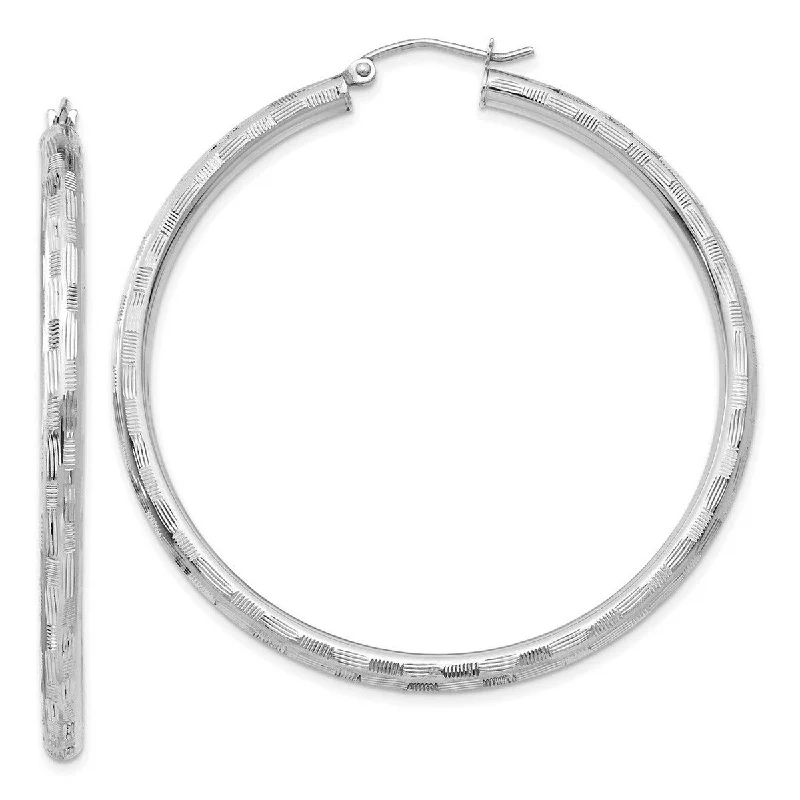 Curata 14k White Gold Textured Checkerboard 50x3mm Hoop Earrings