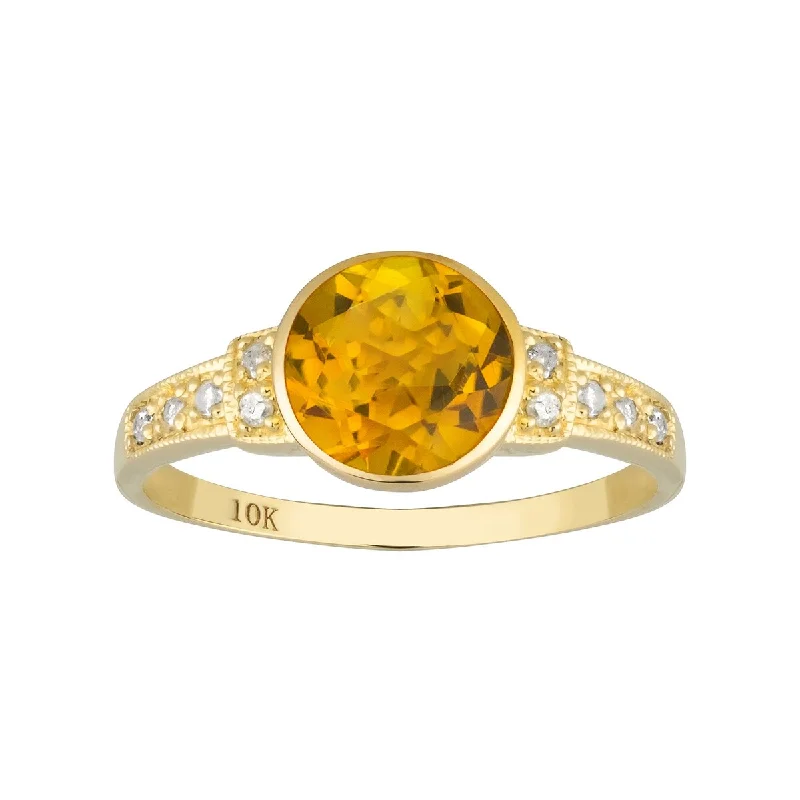 Viducci 10k Yellow Gold Vintage Style Genuine Round Citrine and Diamond Ring