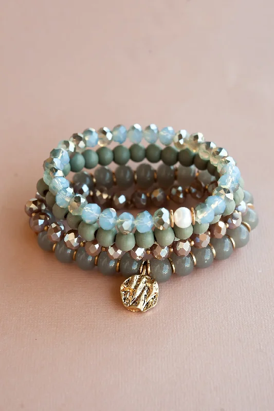 Emma Shades of Gray Bracelet Set | Crystal and Wood Bracelet Stack with Gold Details