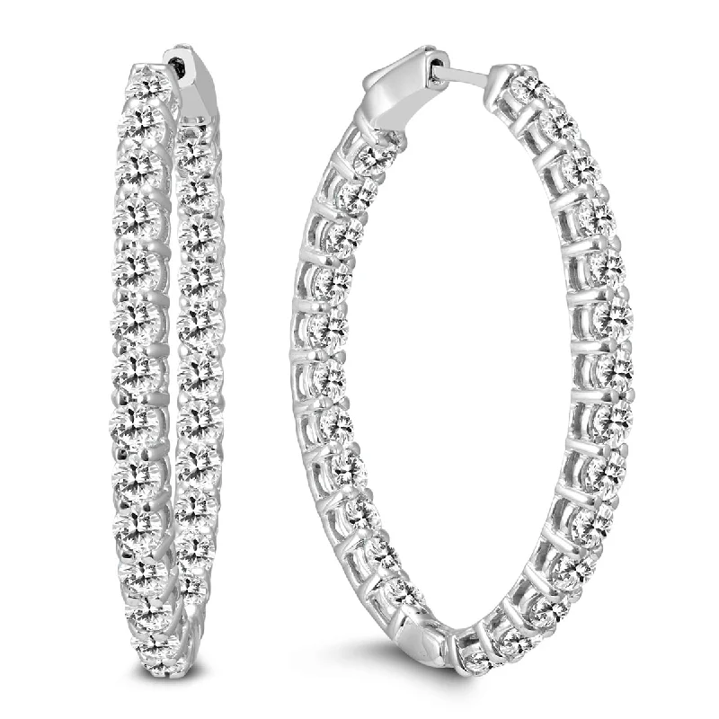 Marquee 5 Carat TW Oval Diamond Hoop Earrings with Push Button Locks in 14K White Gold