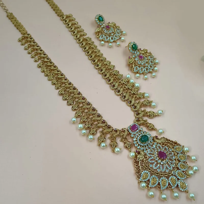 Padmawati Bangles Gold Plated AD Stone And Pearls Long Necklace Set