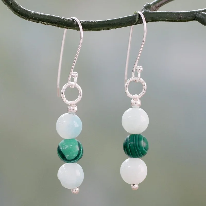 Handmade Silver 'Forest Mysteries' Amazonite Malachite Earrings (India) - 1.6L*0.2W