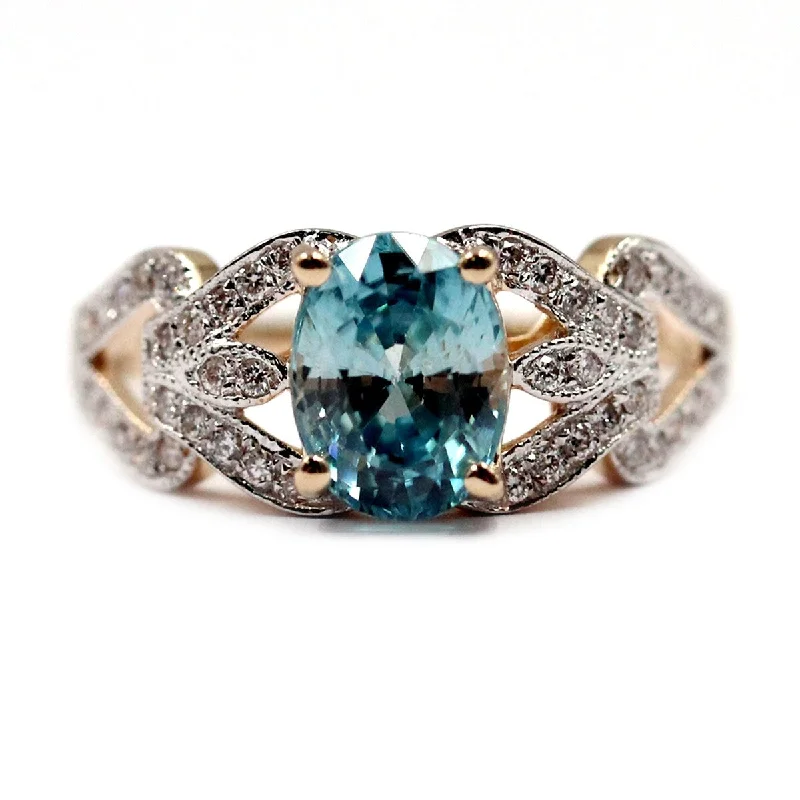 14Kt Yellow Gold Blue Zircon and Diamond Ring