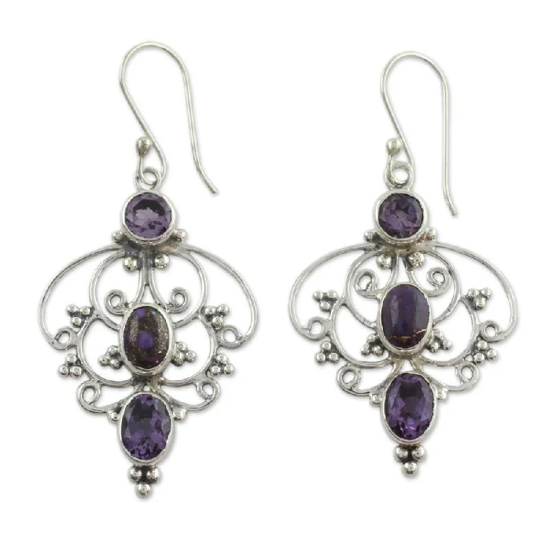 Handmade Sterling Silver 'Purple Arabesque' Amethyst Turquoise Earrings (India) - Purple