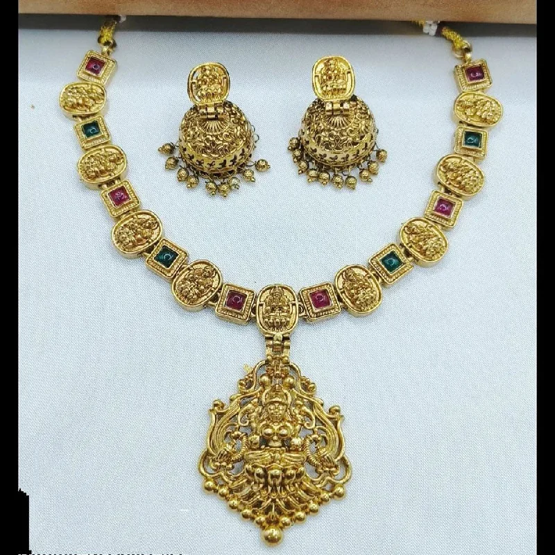 Joyful Jewel Art Matte Gold Plated Pota Stone  And Temple Necklace Set