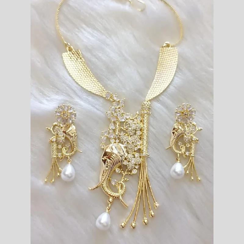 FS Collection Gold Plated Crystal Stone And Pearl Elephant Design Necklace Set