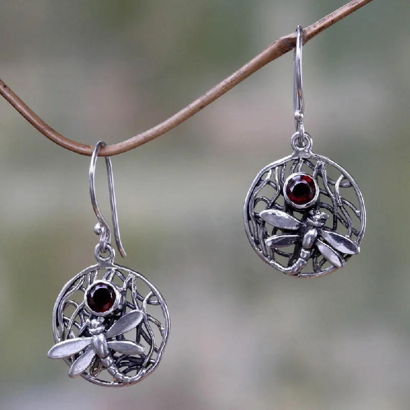 Sterling Silver Wild Dragonfly Garnet Earrings (Indonesia)