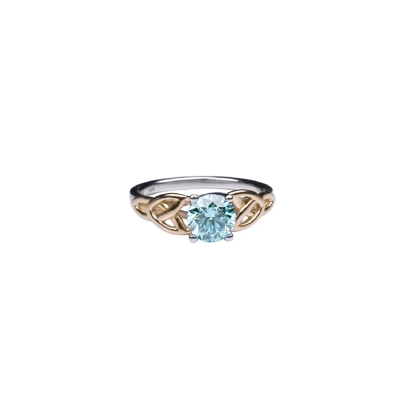 14k White and Yellow Gold 1.2ct Blue Moissanite Trinity Ring