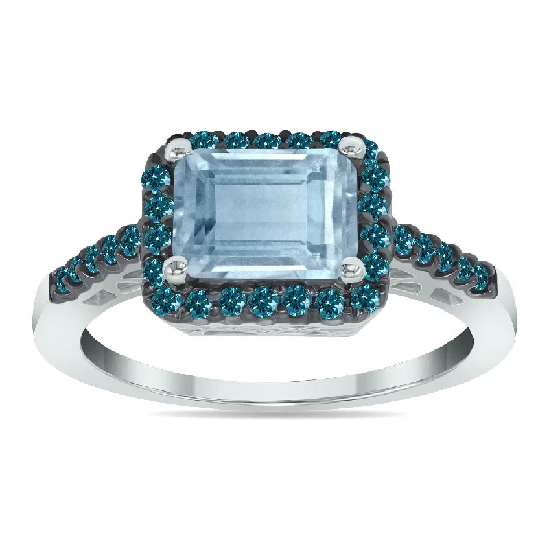 Marquee Jewels 2 1/2 Carat Emerald Cut Aquamarine and 1/3 CTW Blue Diamond Ring in 10K White Gold