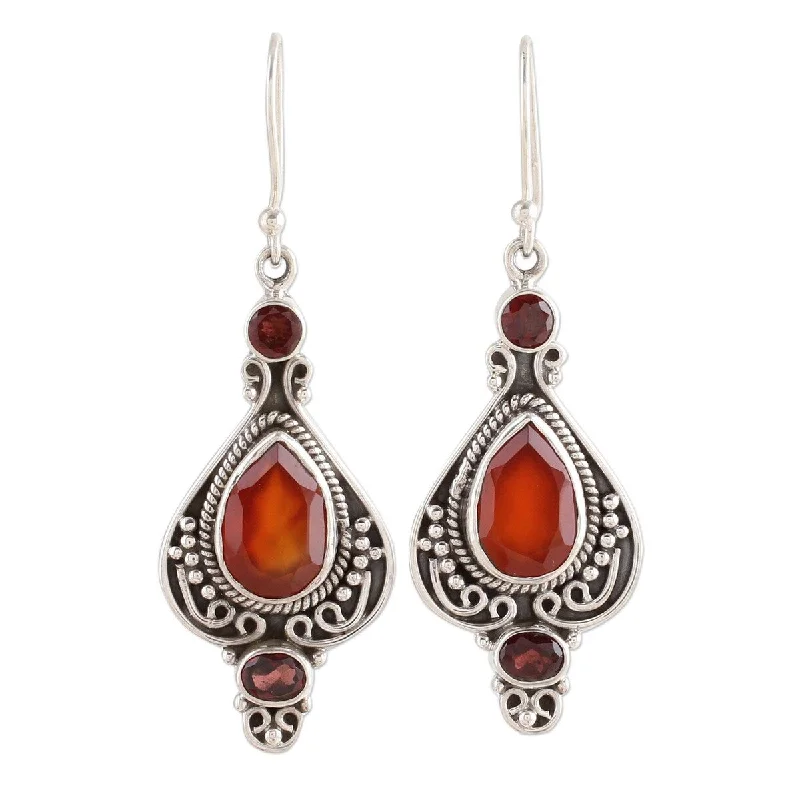 NOVICA Fiery Glow, Carnelian and garnet dangle earrings - 2.1*0.7