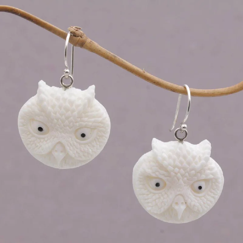 Handmade Sterling Silver 'Owl Faces' Earrings (Indonesia) - White - 1.5*1