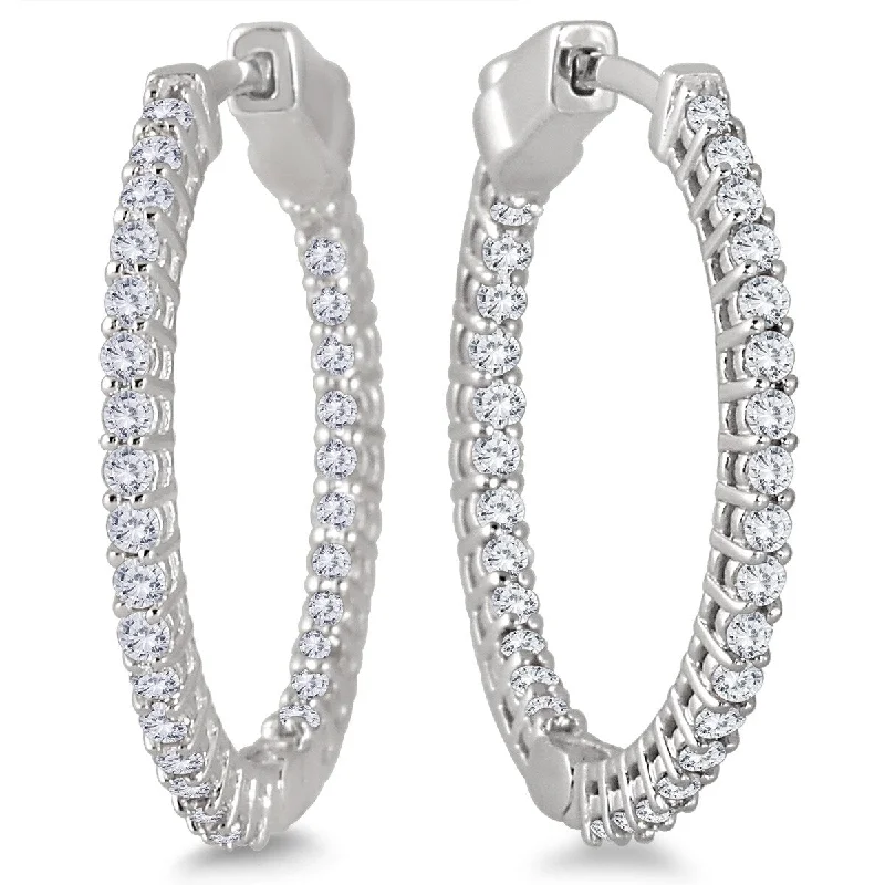 Marquee 1 Carat TW Round Diamond Hoop Earrings with Push Down Button Lock in 10K White Gold