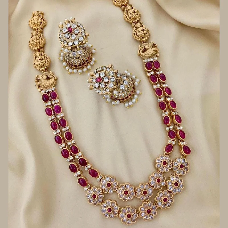 FS Collection Gold Plated Crystal Stone Temple Long Necklace Set