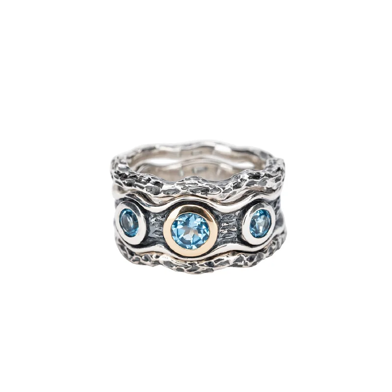 Silver And 10k Gold Rocks 'n River 3 Piece Ring - Swiss Blue Topaz