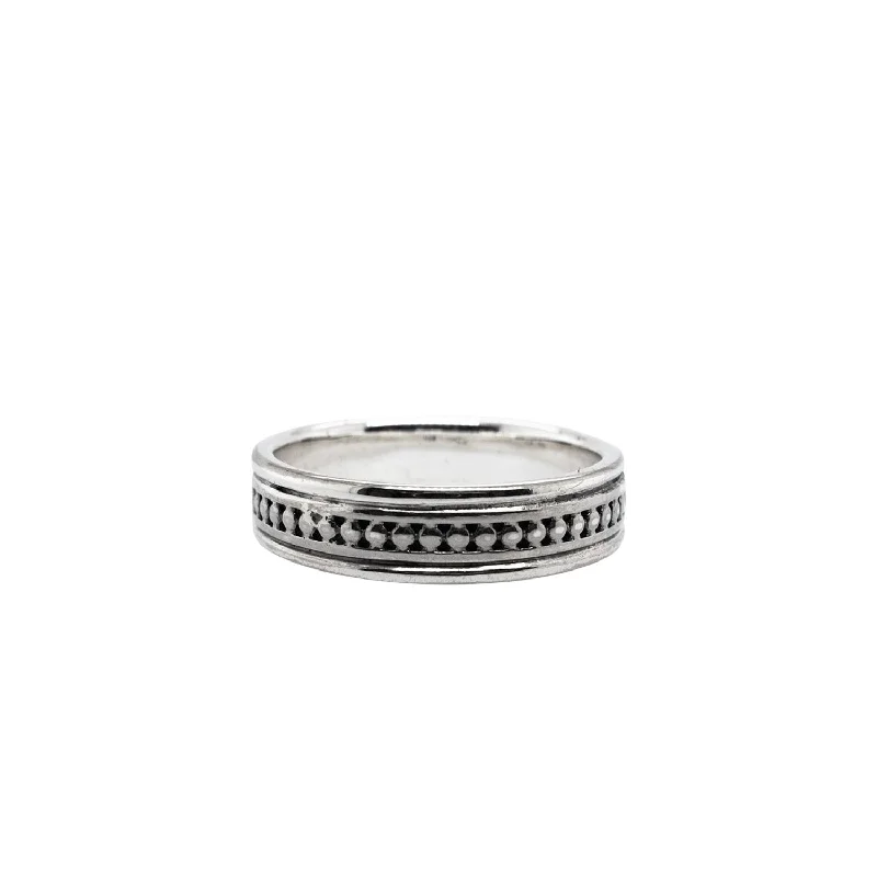 Silver Beaded Ring with Plain Rails