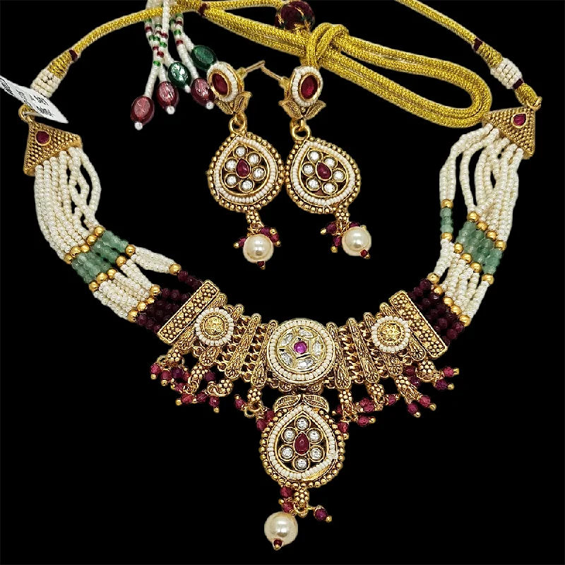 Nakoda Jewels Brass Copper Gold Plated Pota Stone And Pearls Necklace Set