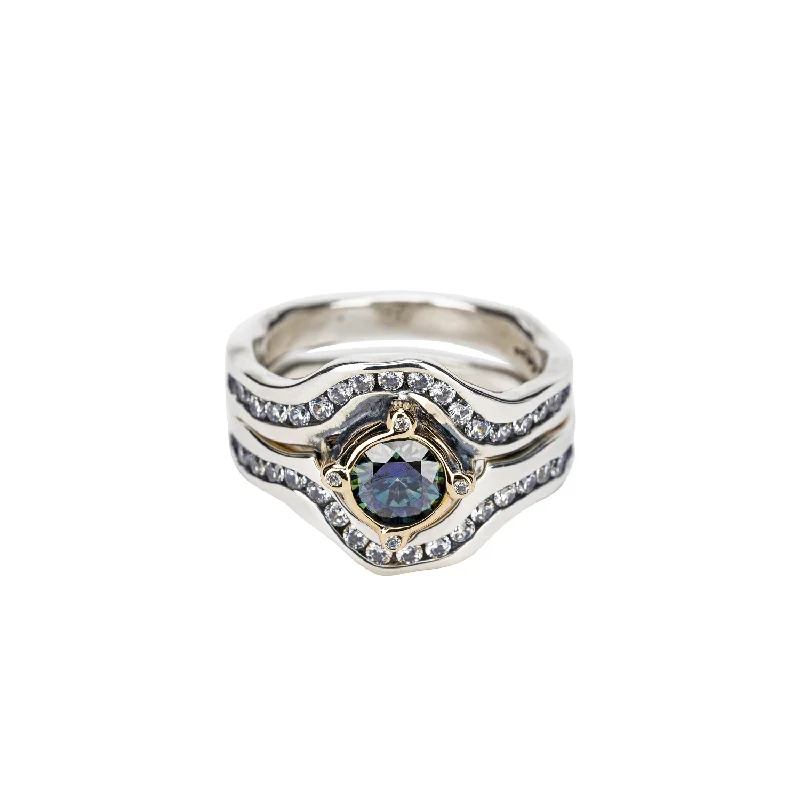 Silver and 10k Gold Rocks 'n Rivers 2-Piece Ring - Mystic Blue Moissanite and Cubic Zirconia