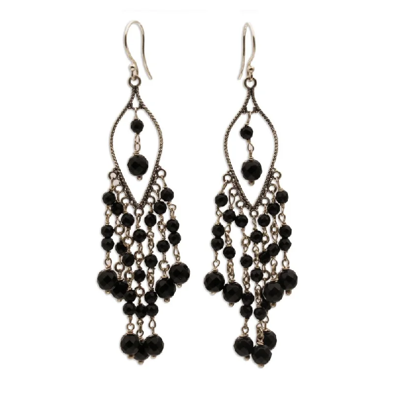 Onyx Chandelier Earrings, 'Shadow Drops' (Indonesia) - 3.2L0.6W