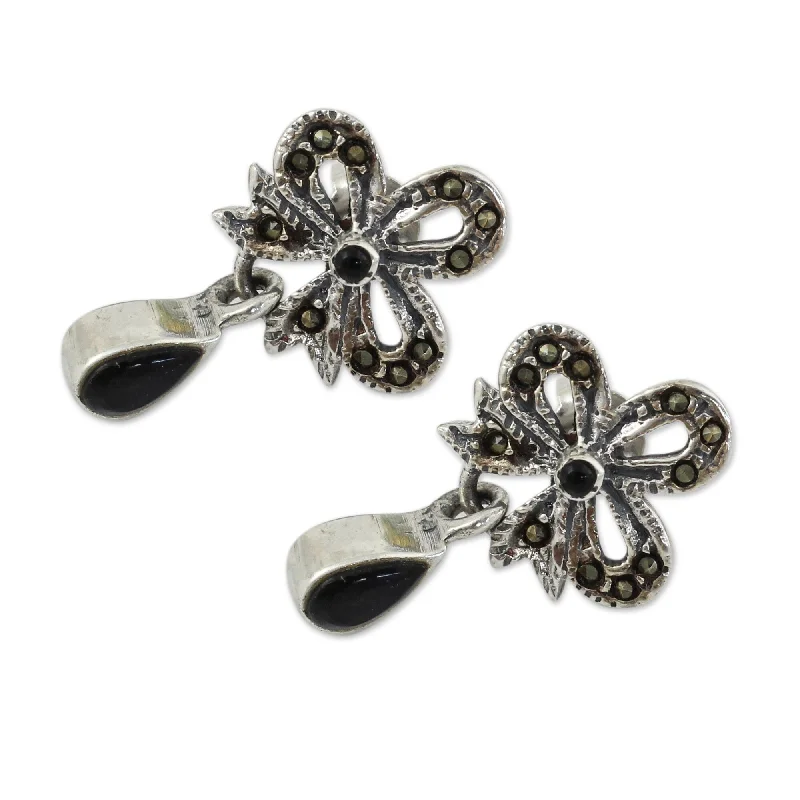 Sterling Silver 'Enchanted Bows' Onyx Earrings (Thailand)