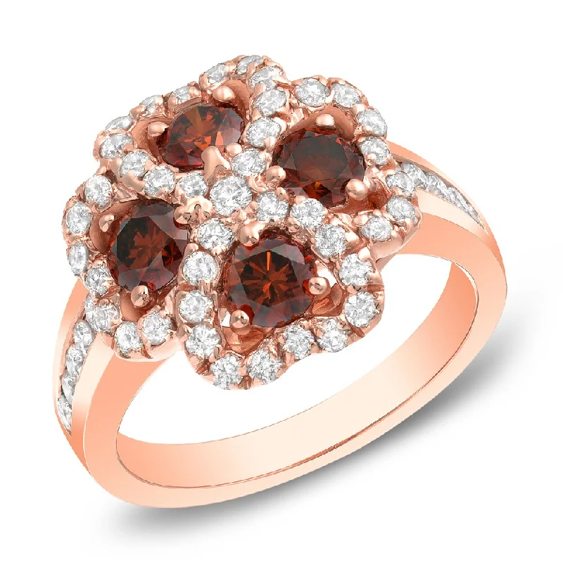 Auriya 14k Rose Gold 1 7/8ct TDW Brown and White 4-Leaf Clover Diamond Ring