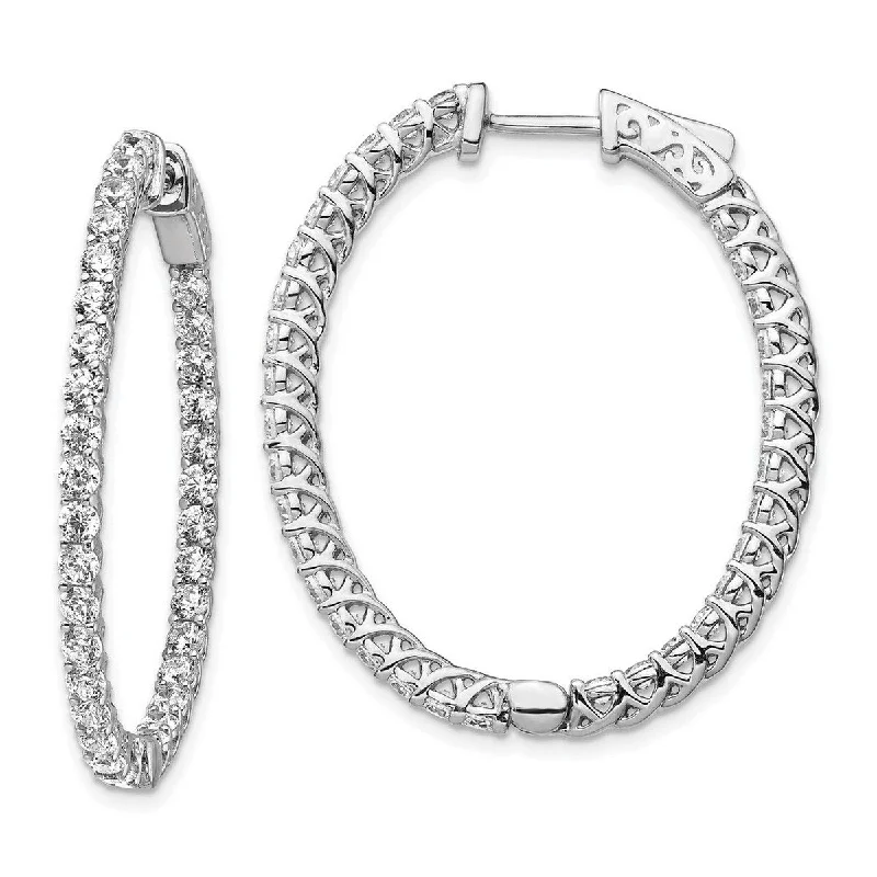 Curata 925 Sterling Silver Polished Prong set Hinged hoop Safety clasp CZ Cubic Zirconia Oval Hoop Earrings