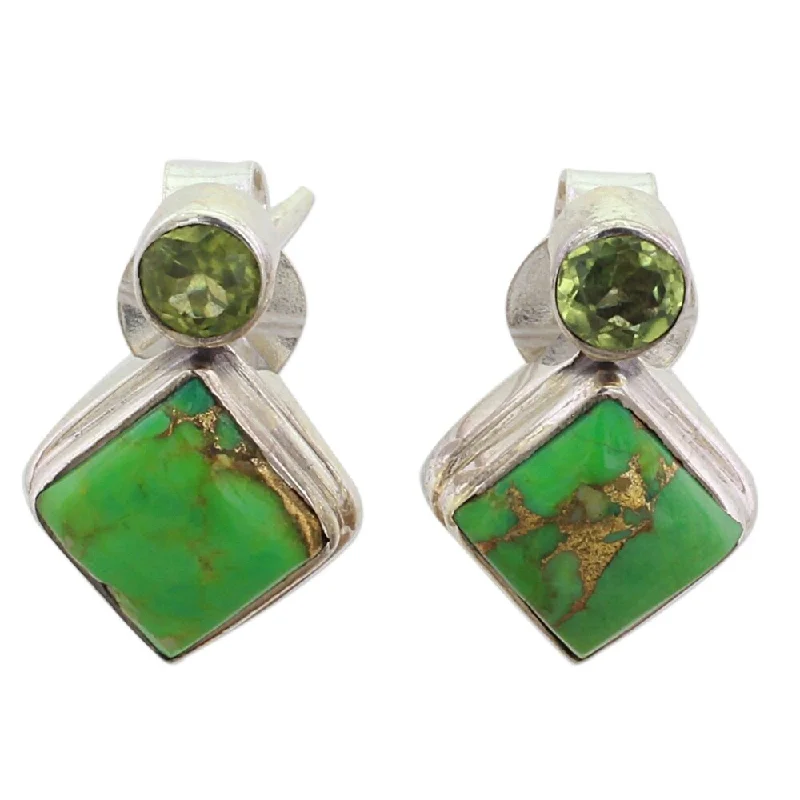 NOVICA Sterling Silver 'Green Sparkle' Peridot Composite Turquoise Earrings - 0.6*0.4