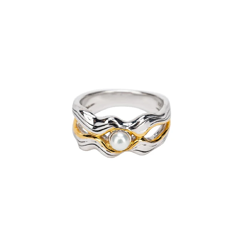 Silver And 10k Gold Rocks 'n Rivers Ring - White Fresh Water Pearl