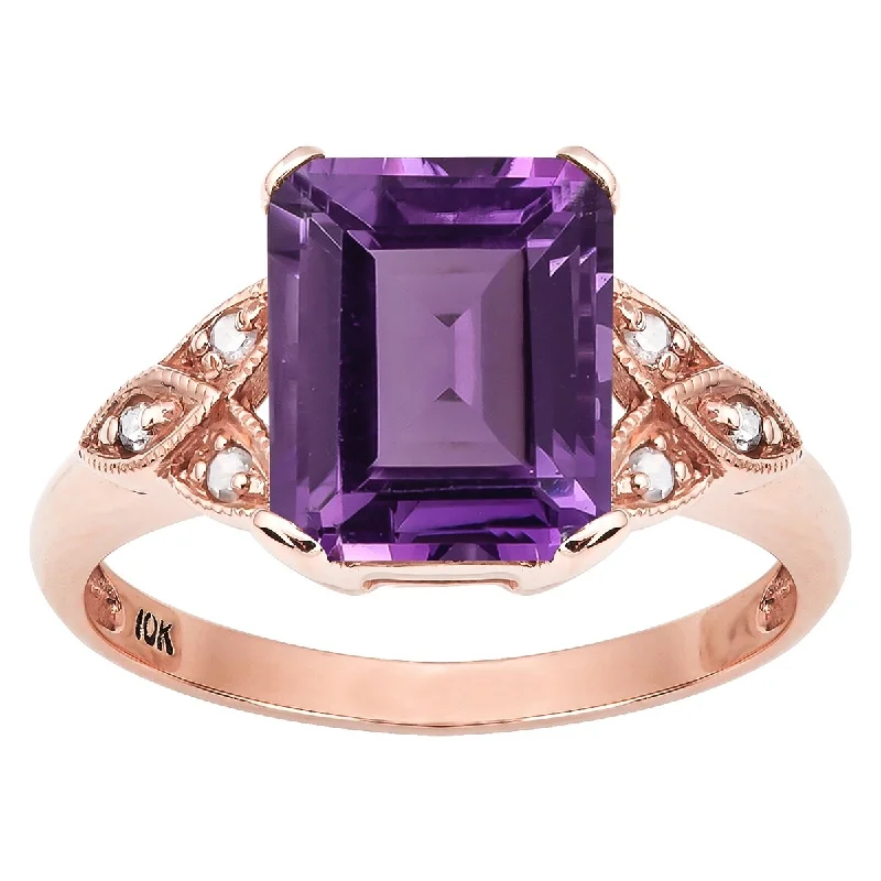 Viducci 10k Rose Gold Vintage Style Genuine Amethyst and Diamond Ring