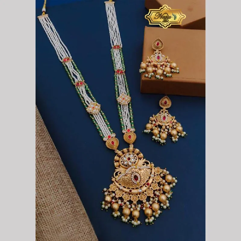 Neetu Art Gold Plated Pota Stone And Pearl Long Necklace Set