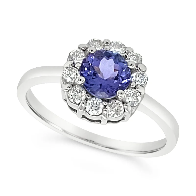 Round Tanzanite and Diamond Halo Ring