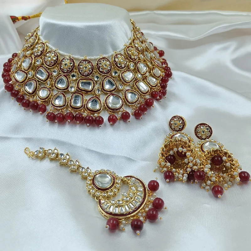 Gehana Mahal Gold Plated Kundan Stone And Beads Meenakari Necklace Set