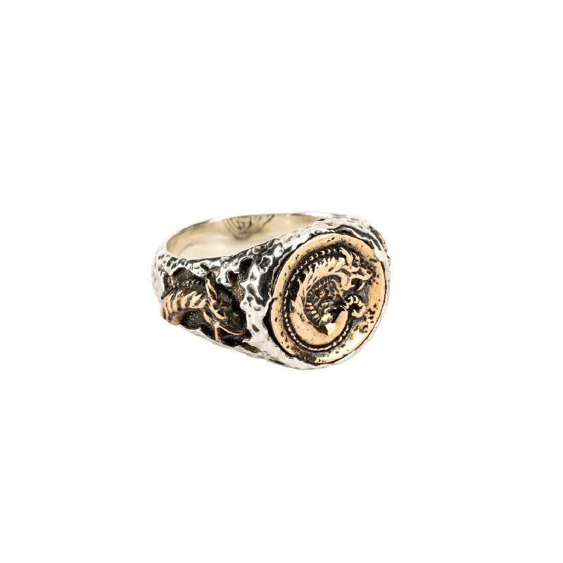 Silver or Silver and Bronze  Dragon Coin Ring Small