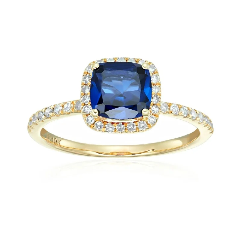 10k Yellow Gold Created Blue Sapphire & Diamond Ring