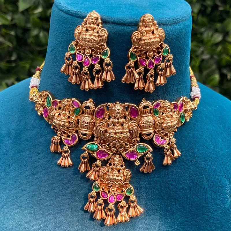 Royal Kundan Jewellery Rose Gold Plated Pota Stone Temple Necklace Set