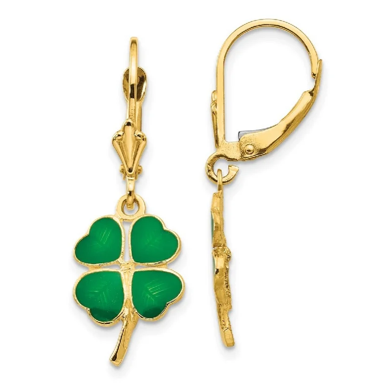 Curata 14k Yellow Gold Solid Irish Green Enameled Clover Leverback Earrings 33x11mm