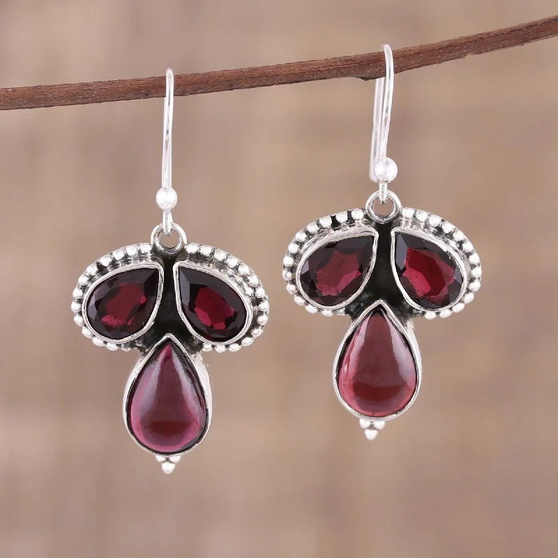 Handmade Sterling Silver 'Droplet Trios' Garnet Earrings (India)