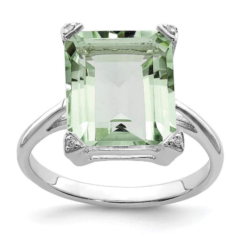 Curata 925 Sterling Silver Polished Rhodium Green Amethyst Diamond Ring