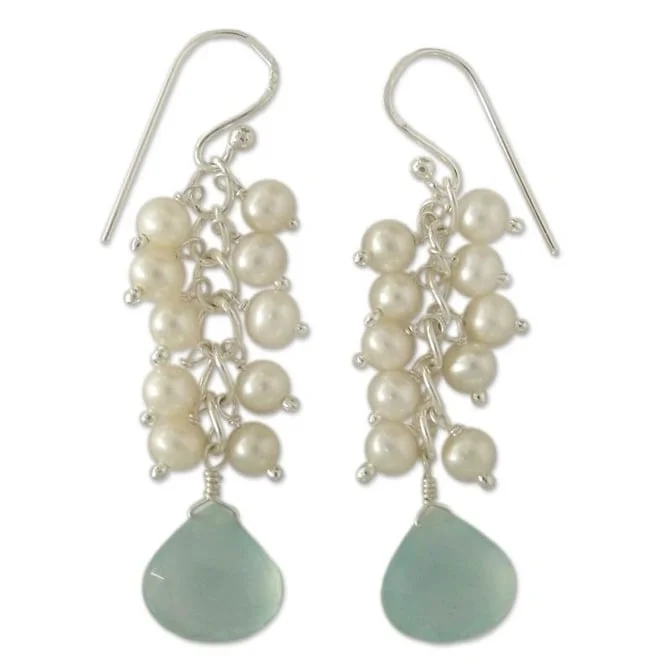 Handmade Sterling Silver Aqua Light Chalcedony/ Pearl Earrings (India)