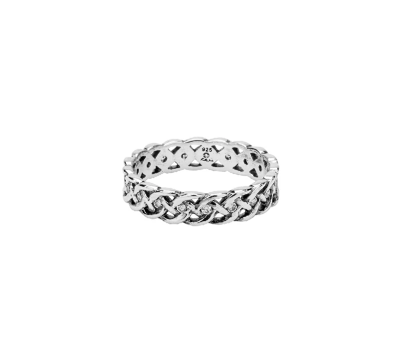 Silver Narrow Love Knot Ring with Interwoven Stones