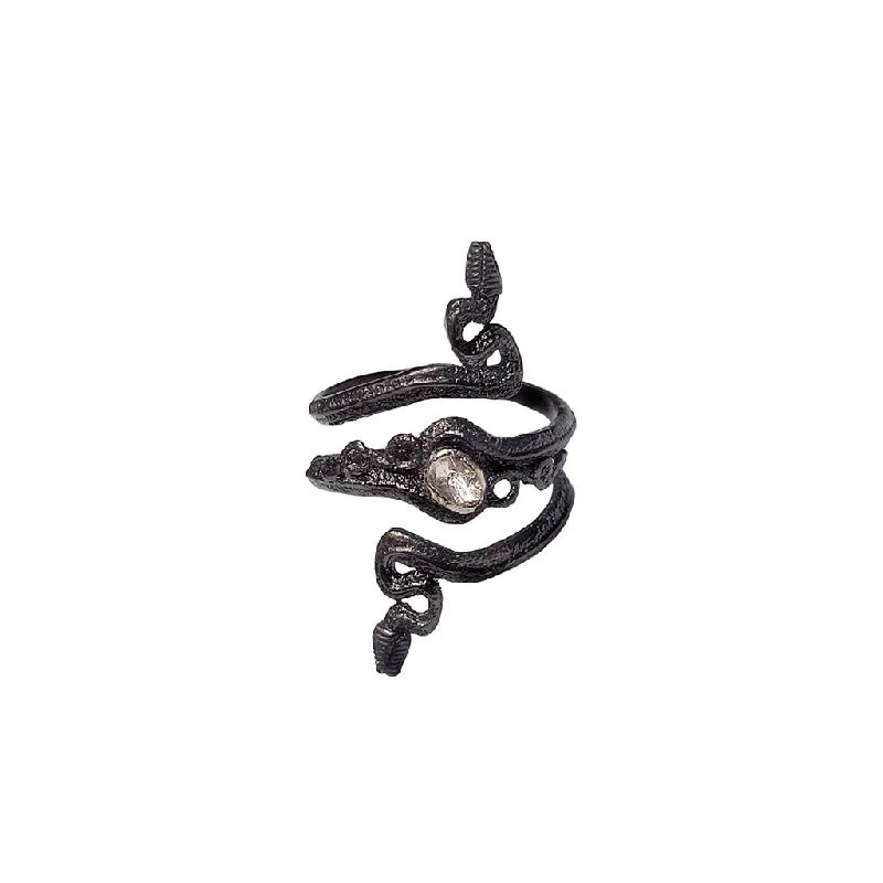 Silver and Black Rhodium Raw Diamond  Snake Ring