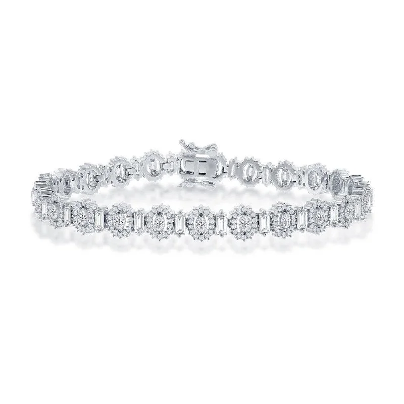 Sterling Silver Alternating Baguette & Oval CZ 5mm Tennis Bracelet