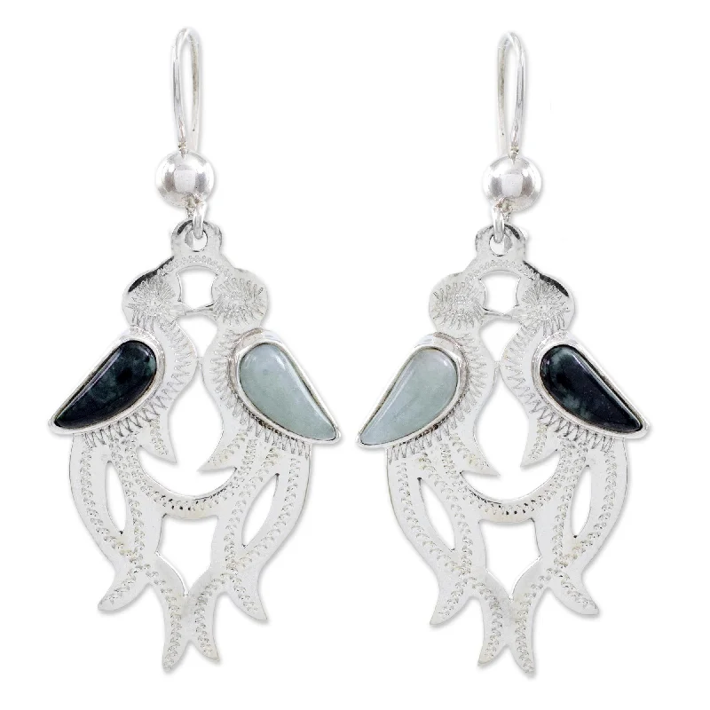 Handmade Sterling Silver 'Quetzal in Love' Jade Earrings (Guatemala) - 1.9L*0.8W