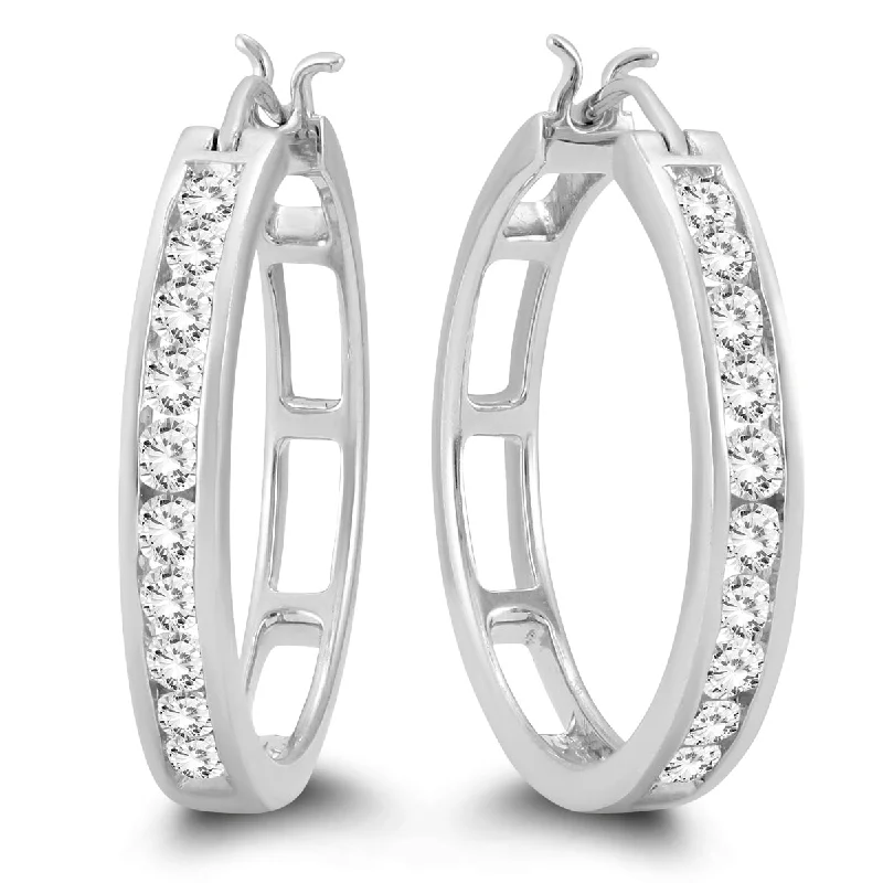 Marquee Certified 1 Carat TW Diamond Hoop Earrings in 10k White Gold (K-L Color, I2-I3 Clarity)