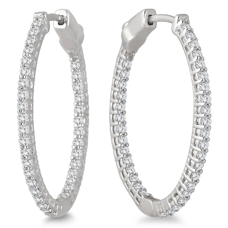 Marquee 1 Carat TW Oval Diamond Hoop Earrings with Push Button Lock in 10K White Gold