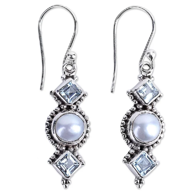 Sterling Silver 'Marine Allure' Cultured Pearl Blue Topaz Earrings