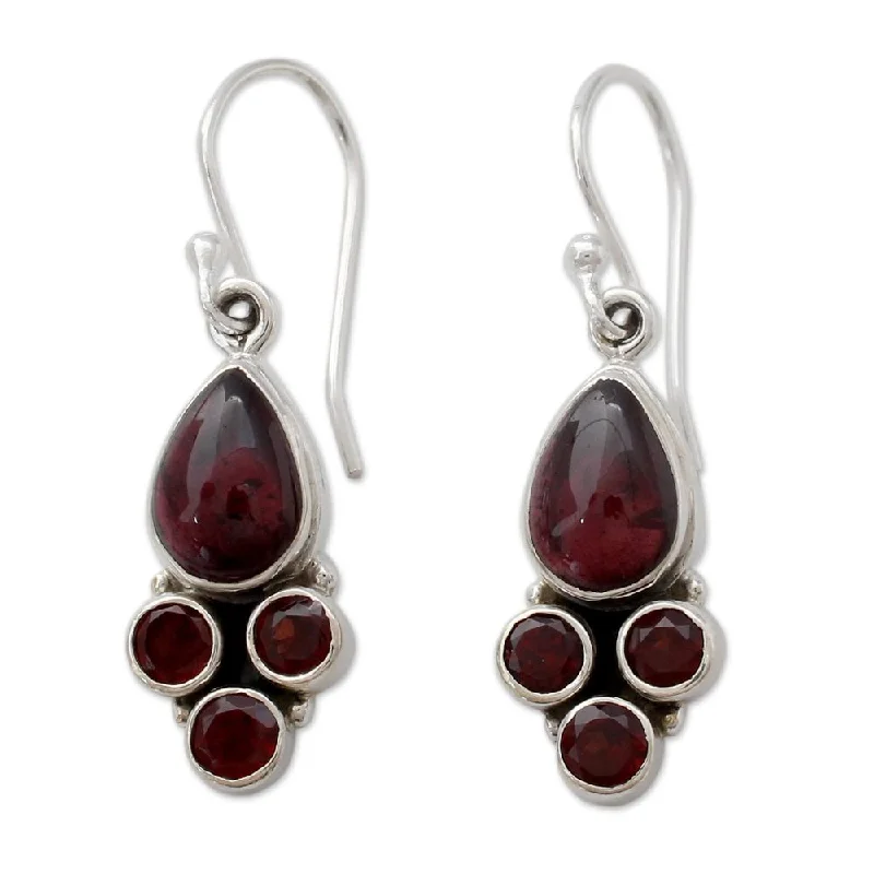 Handmade Sterling Silver Scarlet Meadow Garnet Earrings (India) - Red - 1.5*0.4