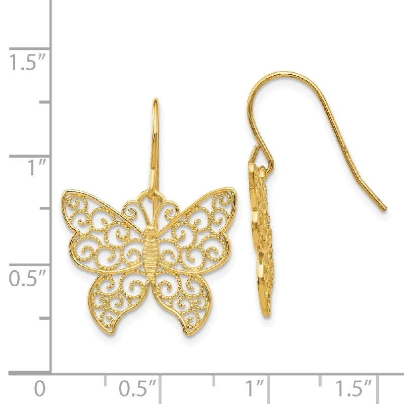 Diamond2Deal 14K Yellow Gold Butterfly Dangle Earrings (L-25 mm, W-18 mm)